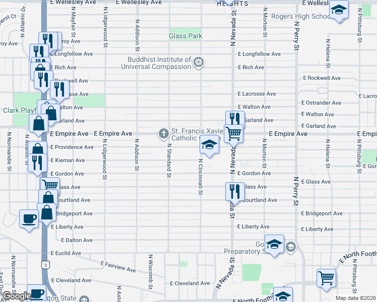map of restaurants, bars, coffee shops, grocery stores, and more near 707 East Providence Avenue in Spokane
