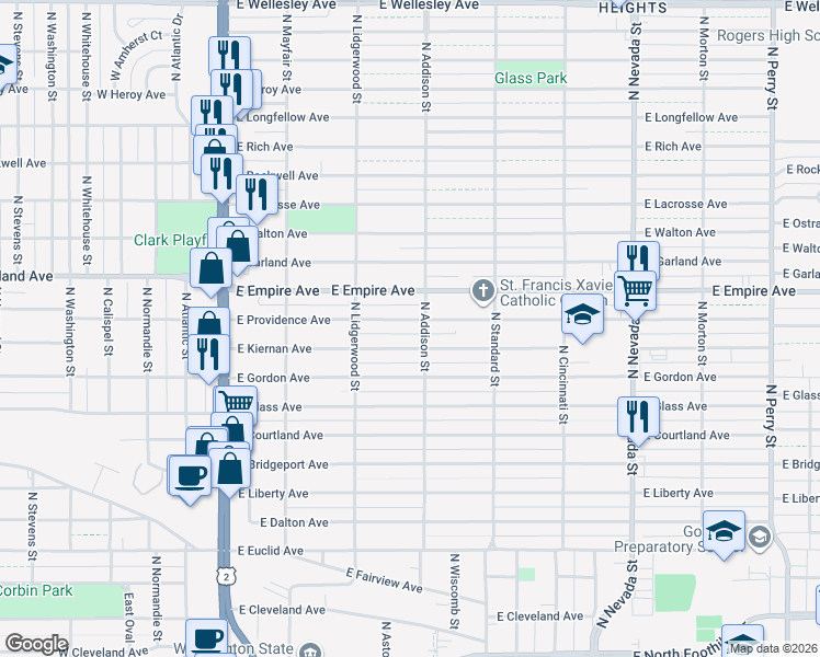 map of restaurants, bars, coffee shops, grocery stores, and more near 427 East Providence Avenue in Spokane