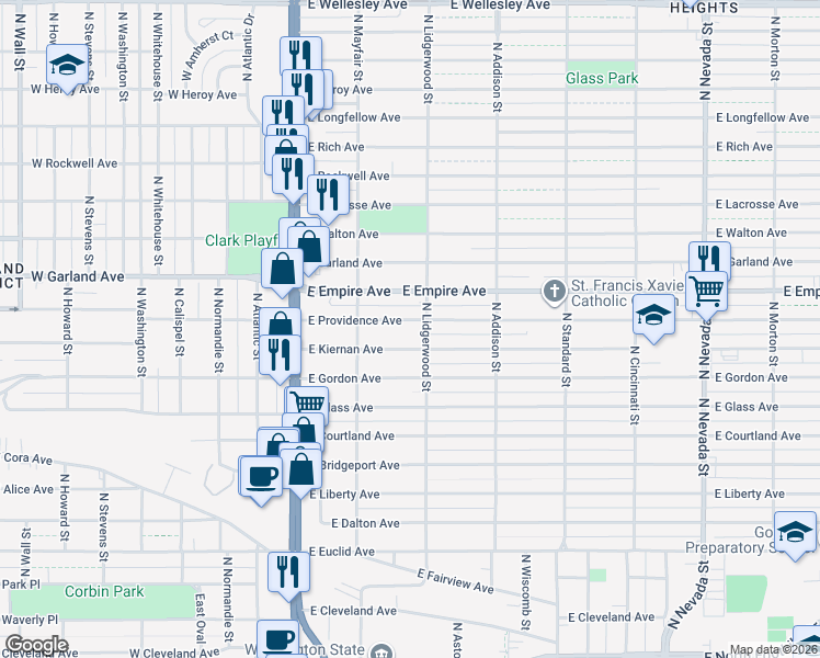 map of restaurants, bars, coffee shops, grocery stores, and more near 223 East Providence Avenue in Spokane