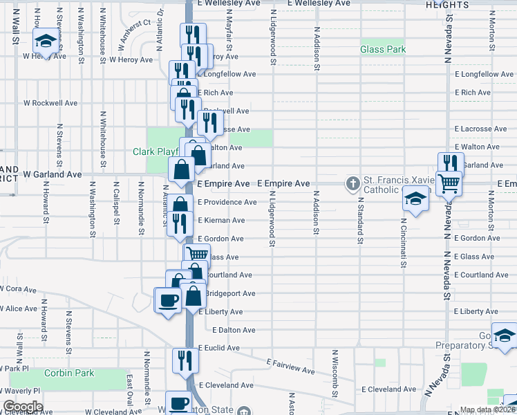 map of restaurants, bars, coffee shops, grocery stores, and more near 223 East Providence Avenue in Spokane