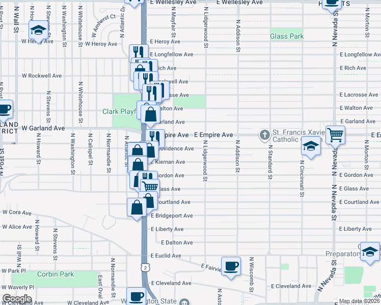 map of restaurants, bars, coffee shops, grocery stores, and more near 111 East Providence Avenue in Spokane