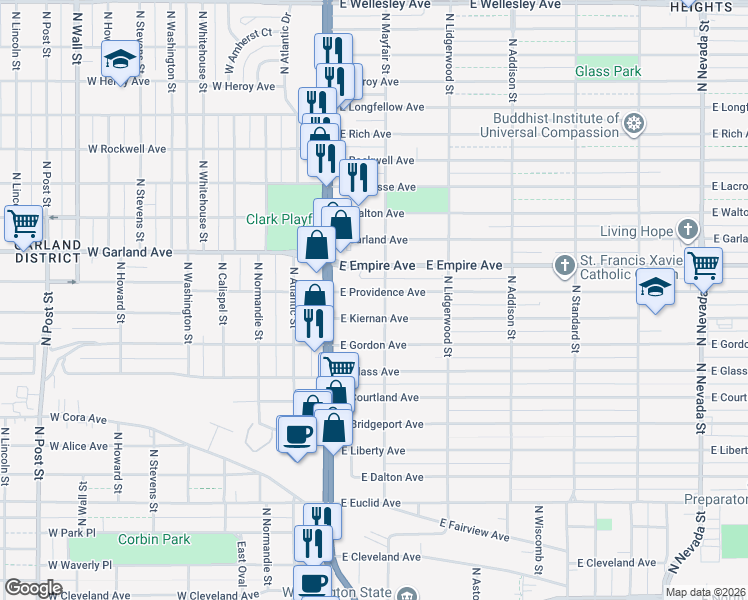 map of restaurants, bars, coffee shops, grocery stores, and more near 35 East Providence Avenue in Spokane