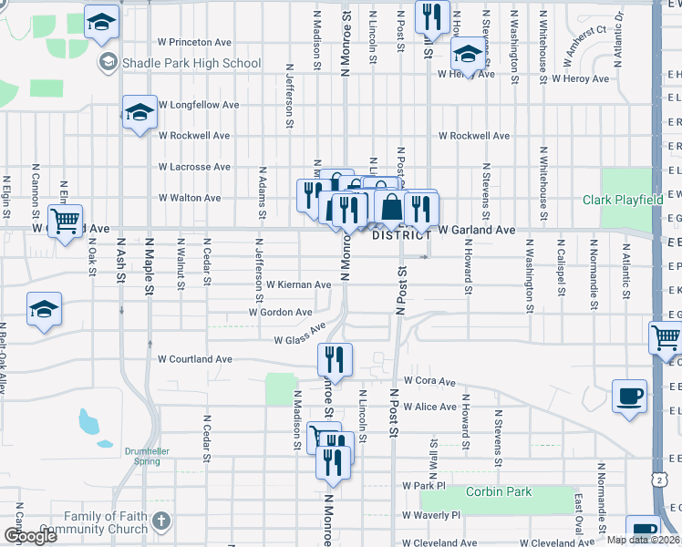 map of restaurants, bars, coffee shops, grocery stores, and more near 1001 West Providence Avenue in Spokane