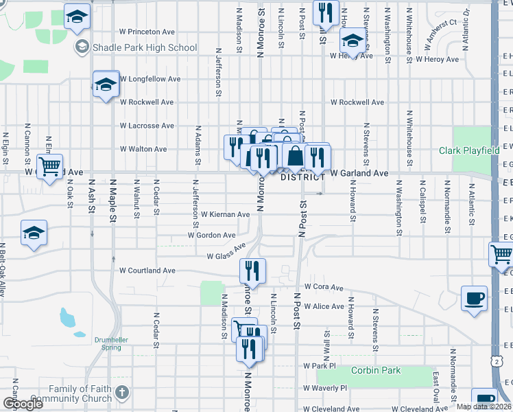 map of restaurants, bars, coffee shops, grocery stores, and more near 1001 West Providence Avenue in Spokane