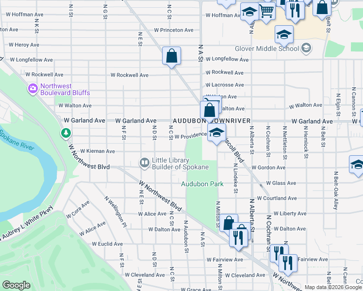 map of restaurants, bars, coffee shops, grocery stores, and more near 3728 North C Street in Spokane