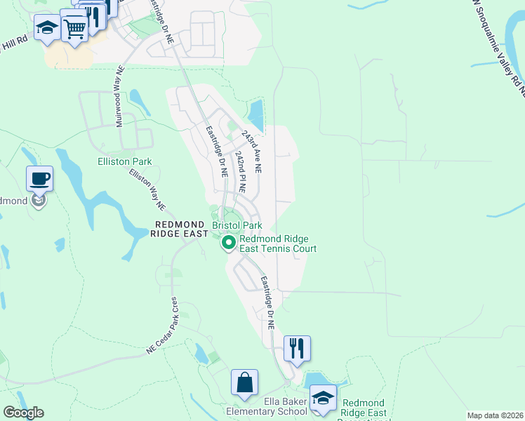 map of restaurants, bars, coffee shops, grocery stores, and more near 10614 243rd Avenue Northeast in Redmond