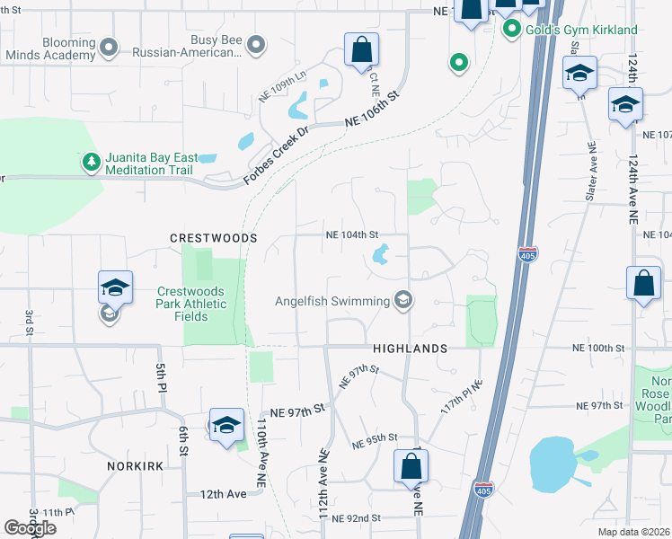 map of restaurants, bars, coffee shops, grocery stores, and more near 10317 113th Court Northeast in Kirkland
