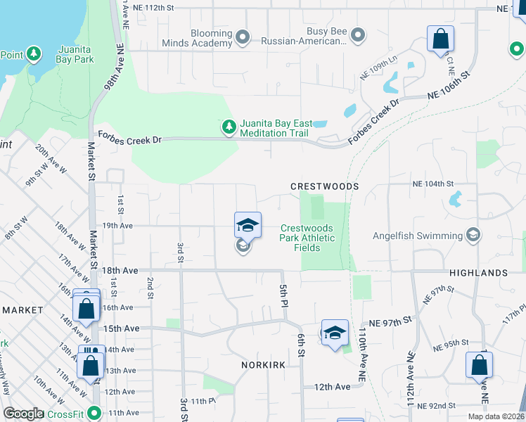 map of restaurants, bars, coffee shops, grocery stores, and more near 523 19th Place in Kirkland