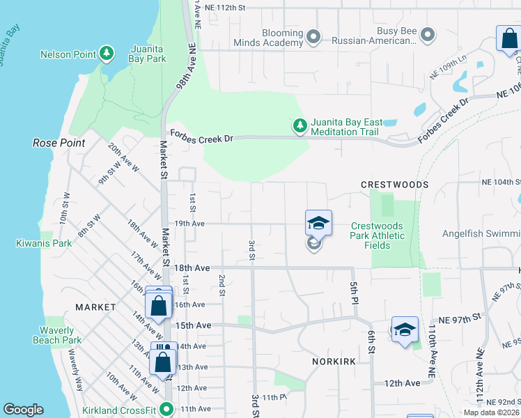 map of restaurants, bars, coffee shops, grocery stores, and more near 1931 4th Street in Kirkland