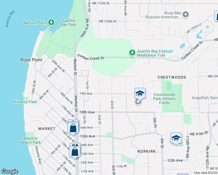 map of restaurants, bars, coffee shops, grocery stores, and more near 1943 3rd Street in Kirkland