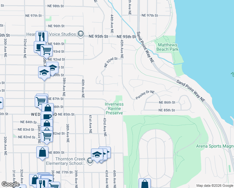 map of restaurants, bars, coffee shops, grocery stores, and more near 8897 Paisley Drive Northeast in Seattle