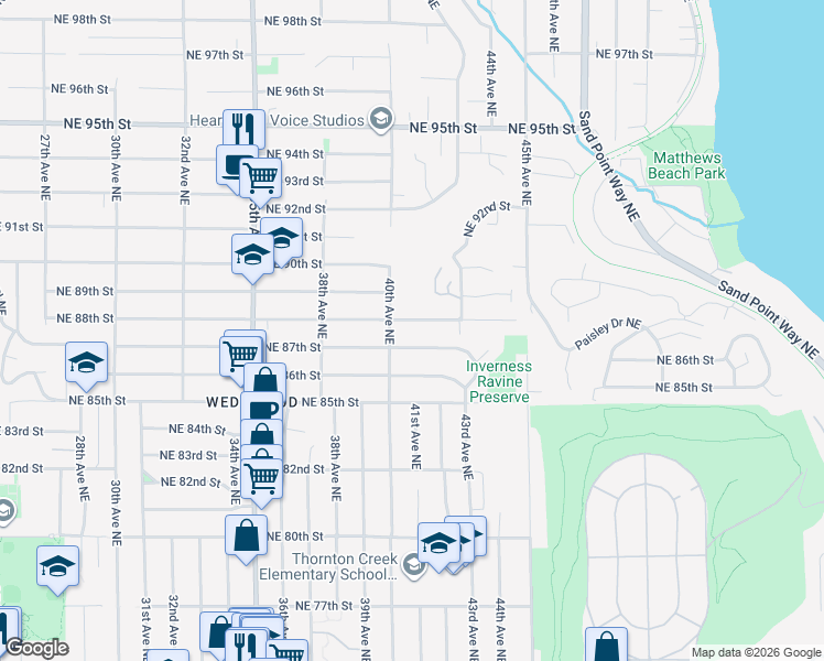 map of restaurants, bars, coffee shops, grocery stores, and more near 4018 NE 88th St in Seattle