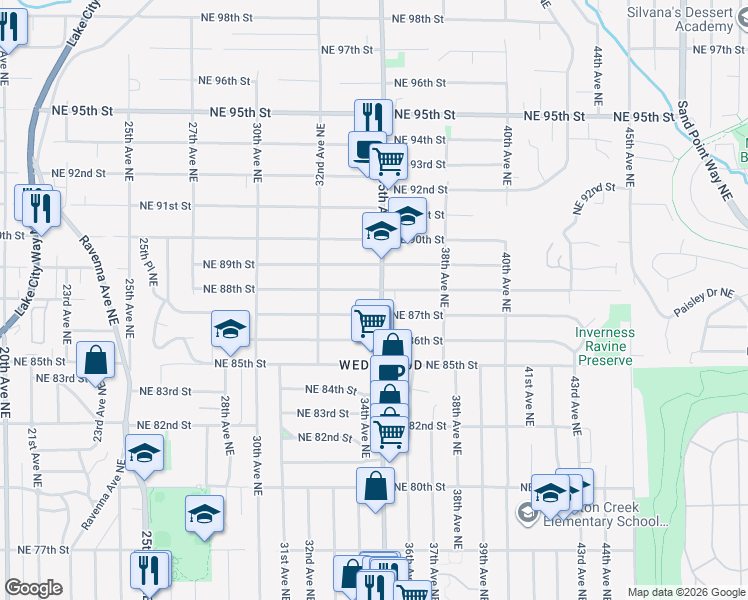 map of restaurants, bars, coffee shops, grocery stores, and more near 8802 35th Avenue Northeast in Seattle