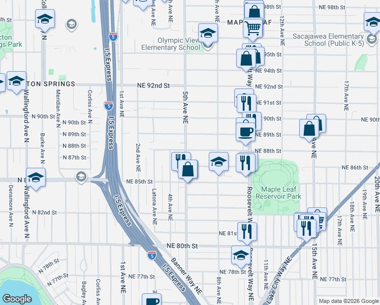 map of restaurants, bars, coffee shops, grocery stores, and more near 522 Northeast 88th Street in Seattle