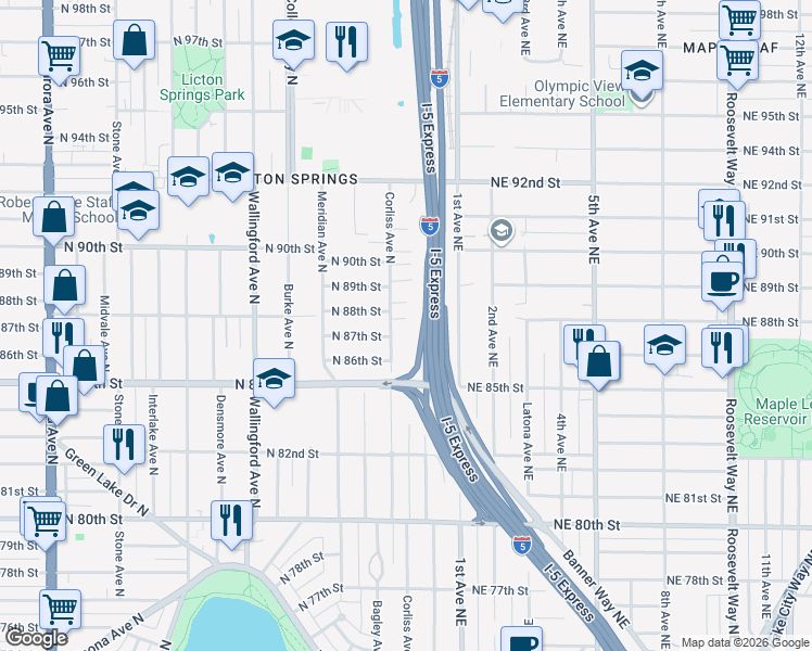 map of restaurants, bars, coffee shops, grocery stores, and more near 8804 Corliss Avenue North in Seattle