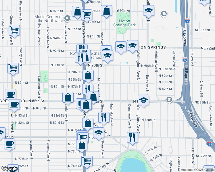 map of restaurants, bars, coffee shops, grocery stores, and more near 1222 North 88th Street in Seattle
