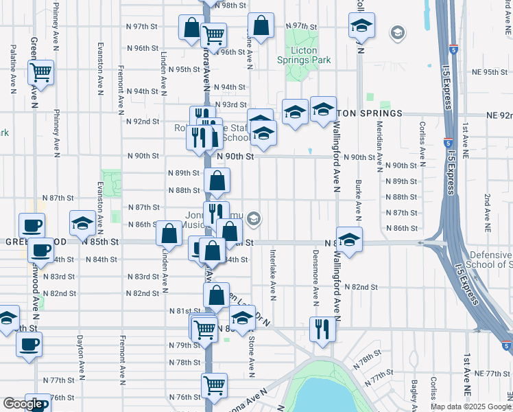map of restaurants, bars, coffee shops, grocery stores, and more near 1222 North 88th Street in Seattle