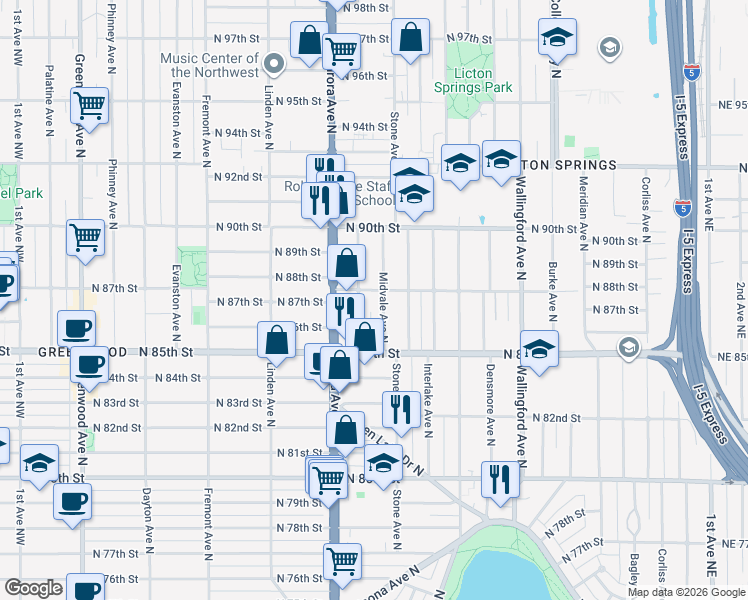 map of restaurants, bars, coffee shops, grocery stores, and more near 8800 Nesbit Avenue North in Seattle