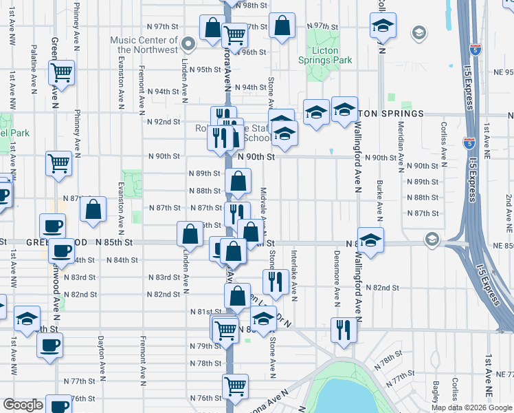 map of restaurants, bars, coffee shops, grocery stores, and more near 8800 Nesbit Avenue North in Seattle