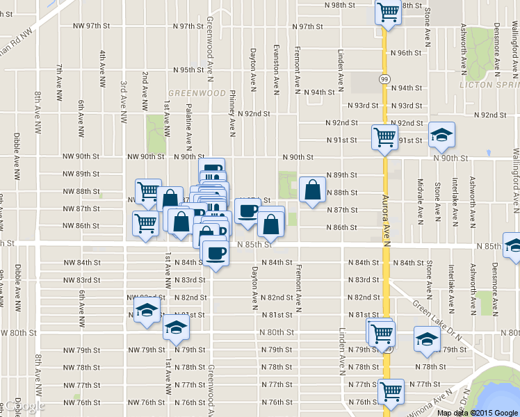 map of restaurants, bars, coffee shops, grocery stores, and more near 510 North 87th Street in Seattle