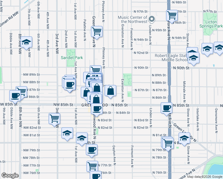 map of restaurants, bars, coffee shops, grocery stores, and more near in Seattle