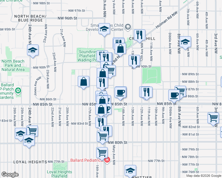 map of restaurants, bars, coffee shops, grocery stores, and more near 8573 Mary Avenue Northwest in Seattle