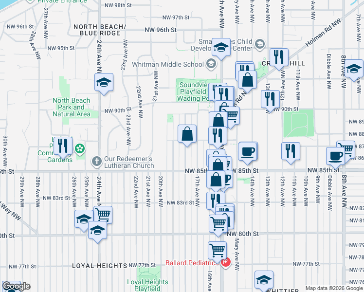 map of restaurants, bars, coffee shops, grocery stores, and more near 8701 18th Avenue Northwest in Seattle
