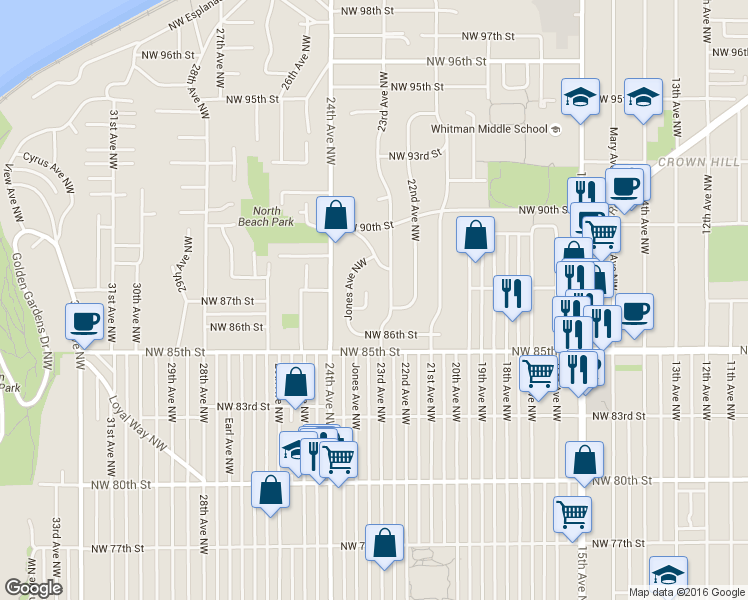 map of restaurants, bars, coffee shops, grocery stores, and more near 8721 23rd Avenue Northwest in Seattle