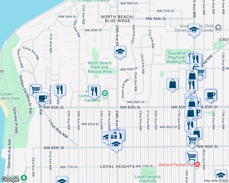 map of restaurants, bars, coffee shops, grocery stores, and more near 8705 24th Avenue Northwest in Seattle