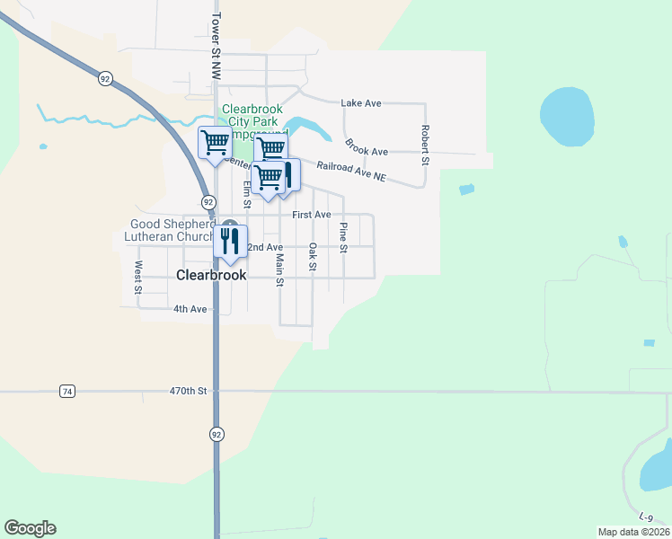 map of restaurants, bars, coffee shops, grocery stores, and more near 210 Oak Street in Clearbrook