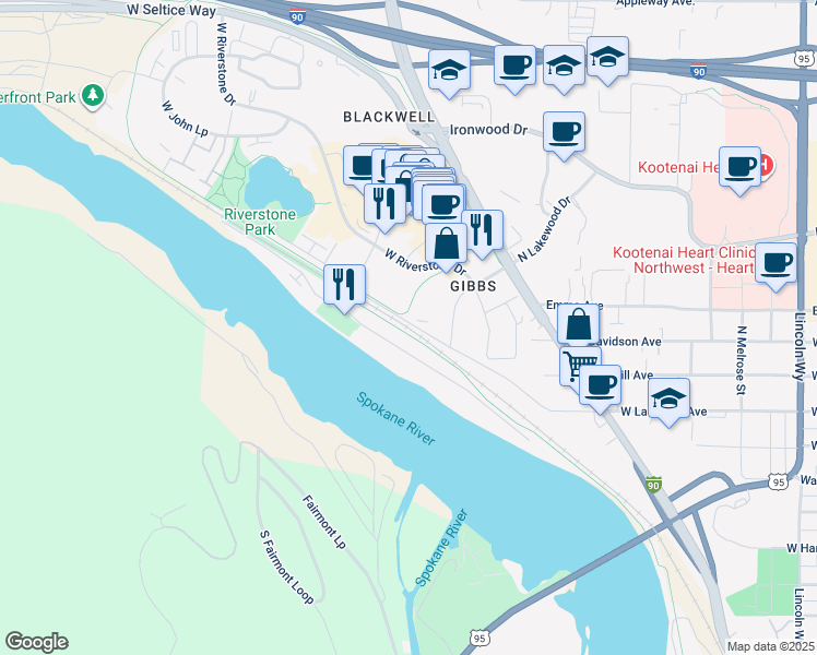 map of restaurants, bars, coffee shops, grocery stores, and more near 1592 West Union Drive in Coeur d'Alene