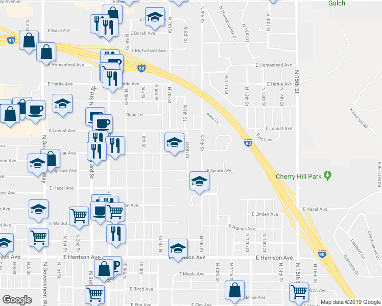 map of restaurants, bars, coffee shops, grocery stores, and more near 1734 North 8th Street in Coeur d'Alene