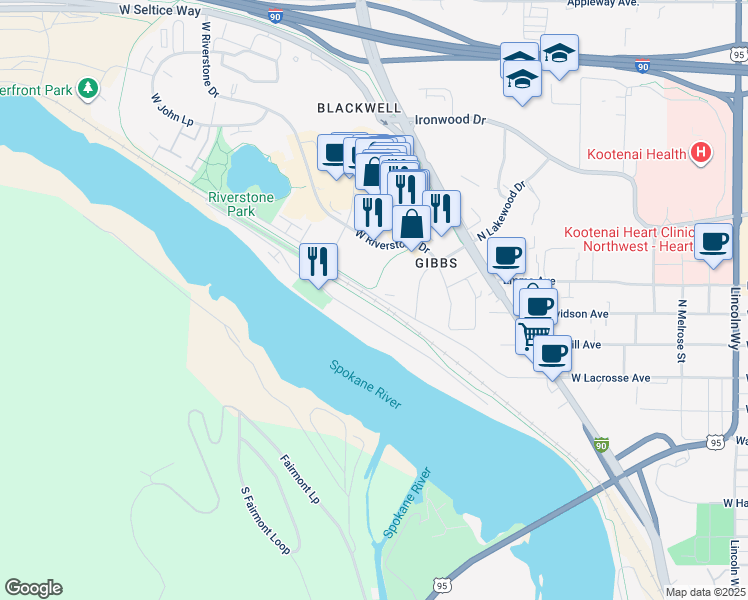 map of restaurants, bars, coffee shops, grocery stores, and more near 1600 West Union Drive in Coeur d'Alene