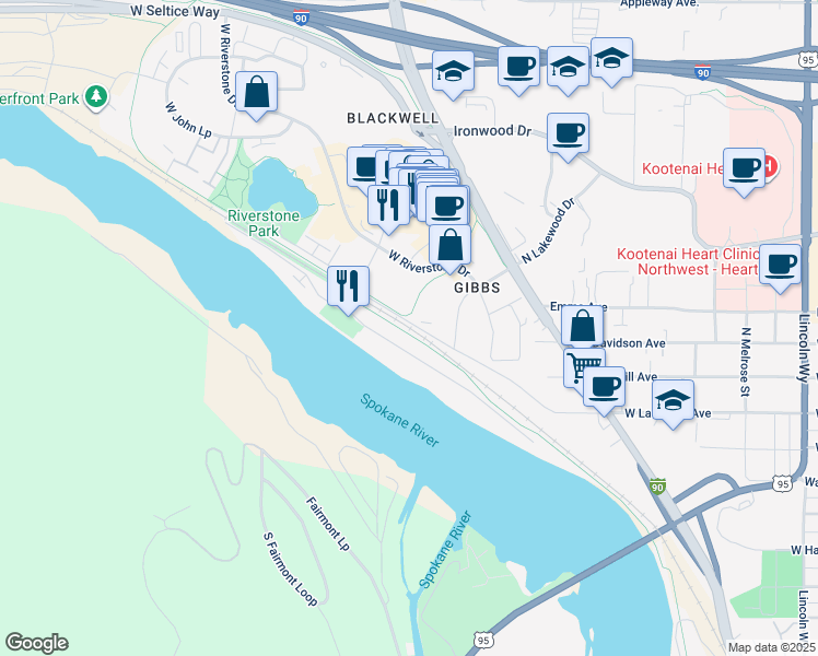 map of restaurants, bars, coffee shops, grocery stores, and more near 1600 West Union Drive in Coeur d'Alene