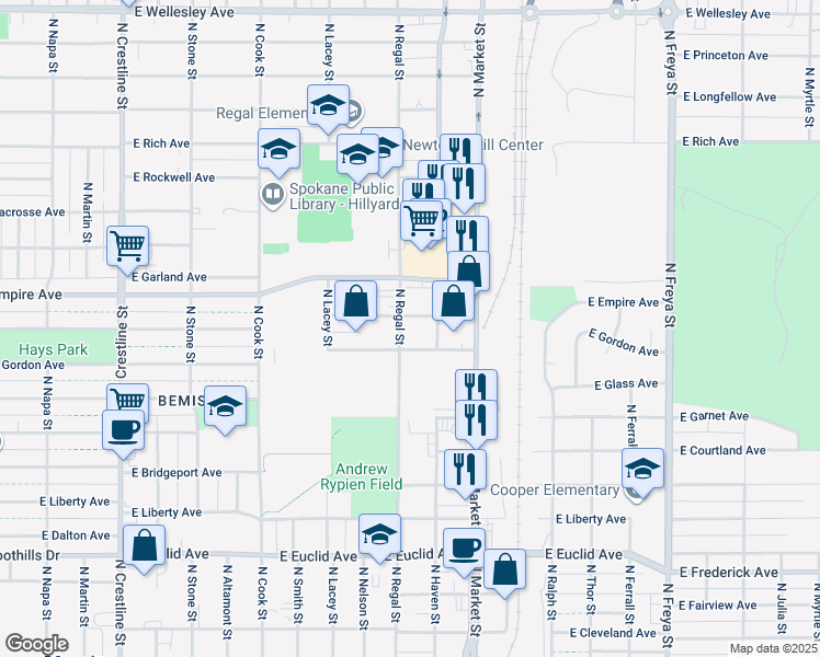 map of restaurants, bars, coffee shops, grocery stores, and more near 2908 East Providence Avenue in Spokane
