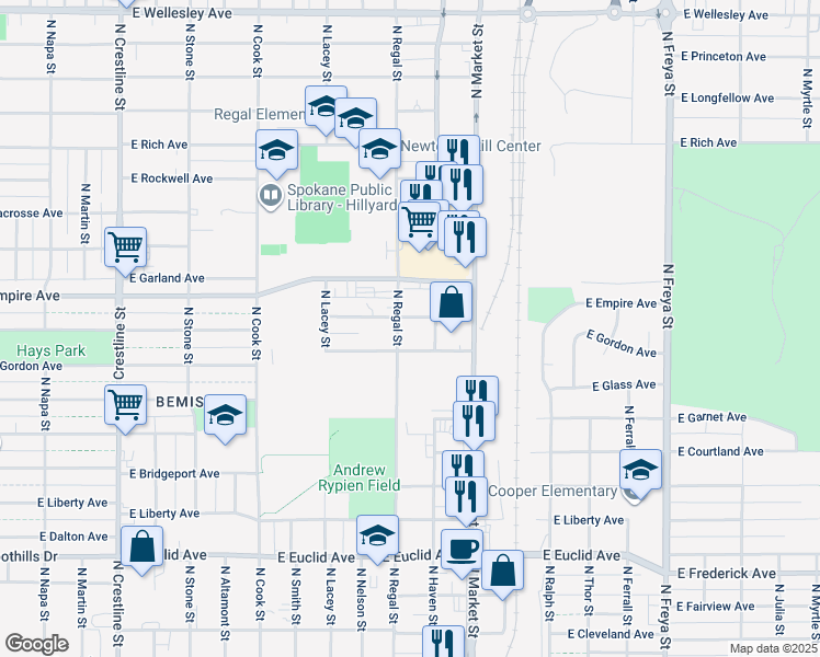 map of restaurants, bars, coffee shops, grocery stores, and more near 2911 East Providence Avenue in Spokane