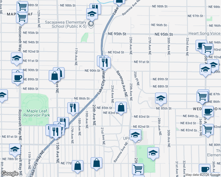 map of restaurants, bars, coffee shops, grocery stores, and more near 8812 23rd Avenue Northeast in Seattle