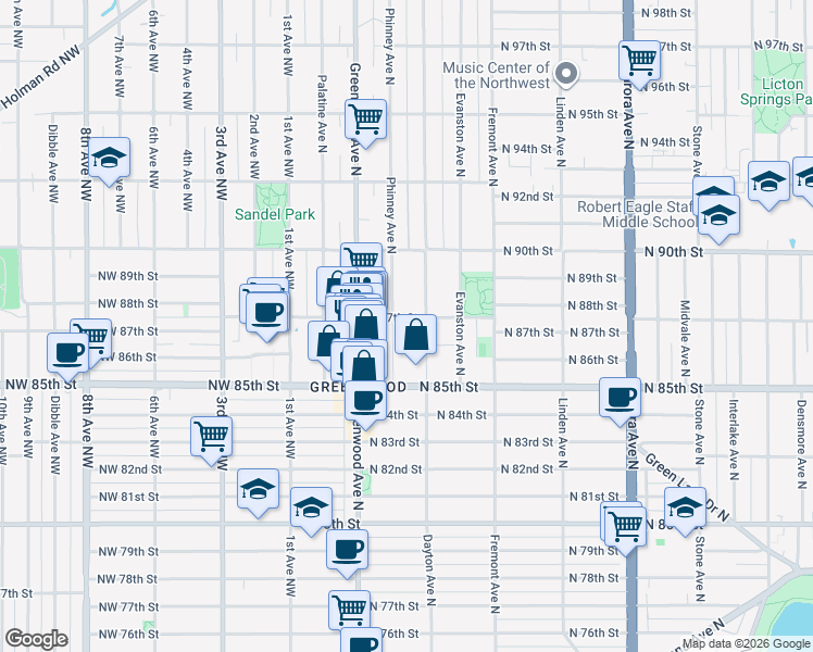 map of restaurants, bars, coffee shops, grocery stores, and more near in Seattle