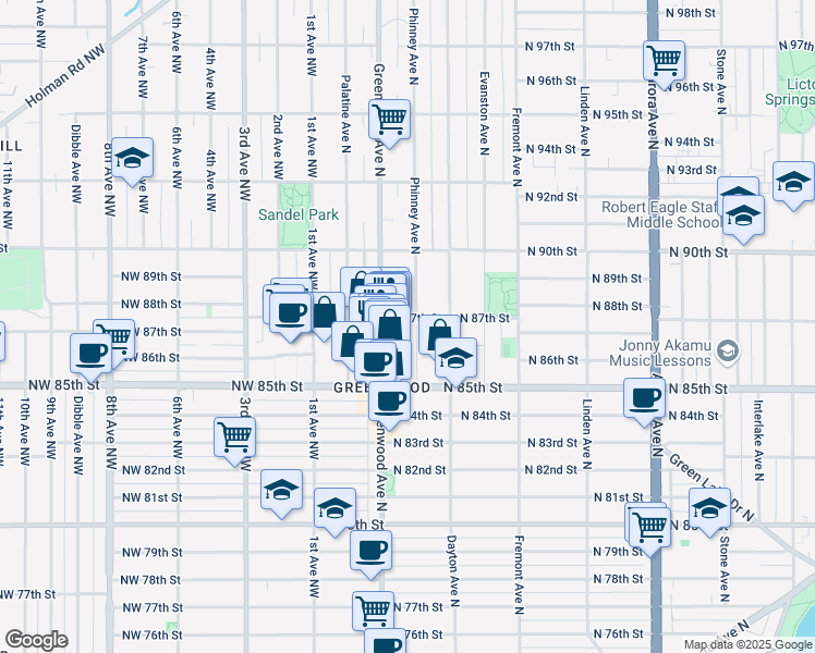 map of restaurants, bars, coffee shops, grocery stores, and more near 8704 Greenwood Avenue North in Seattle