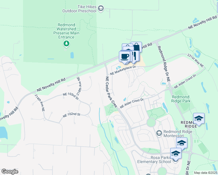 map of restaurants, bars, coffee shops, grocery stores, and more near 10506 221st Lane Northeast in Redmond