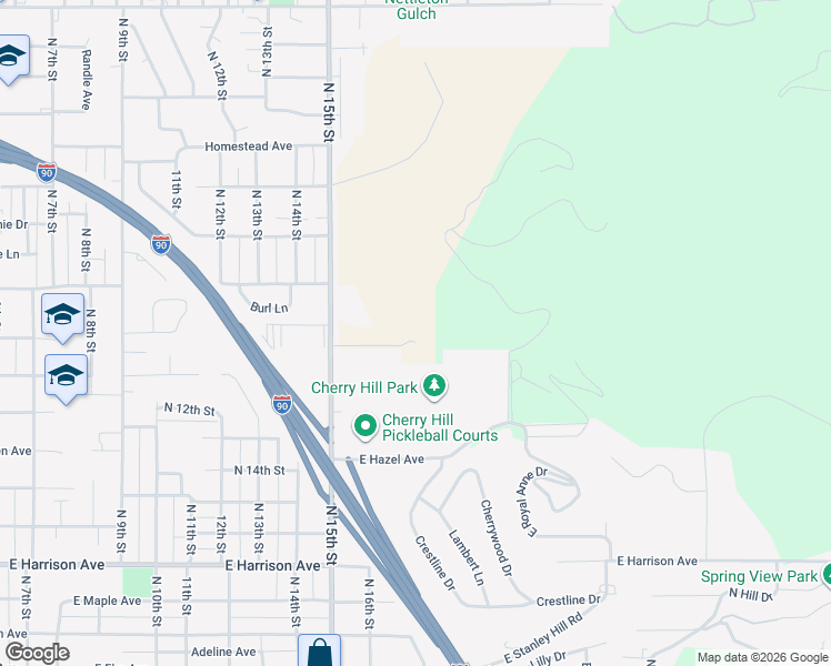 map of restaurants, bars, coffee shops, grocery stores, and more near 1802 North 15th Street in Coeur d'Alene