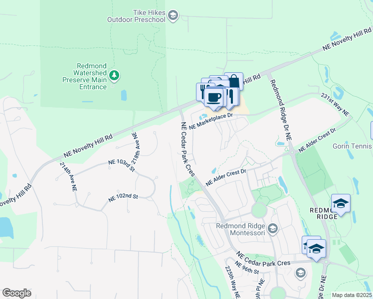map of restaurants, bars, coffee shops, grocery stores, and more near 10611 221st Lane Northeast in Redmond