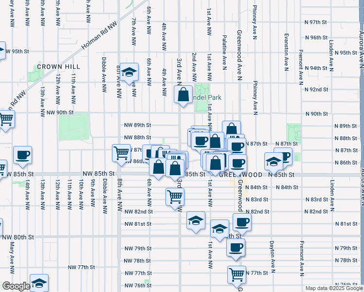 map of restaurants, bars, coffee shops, grocery stores, and more near 303 Northwest 88th Street in Seattle