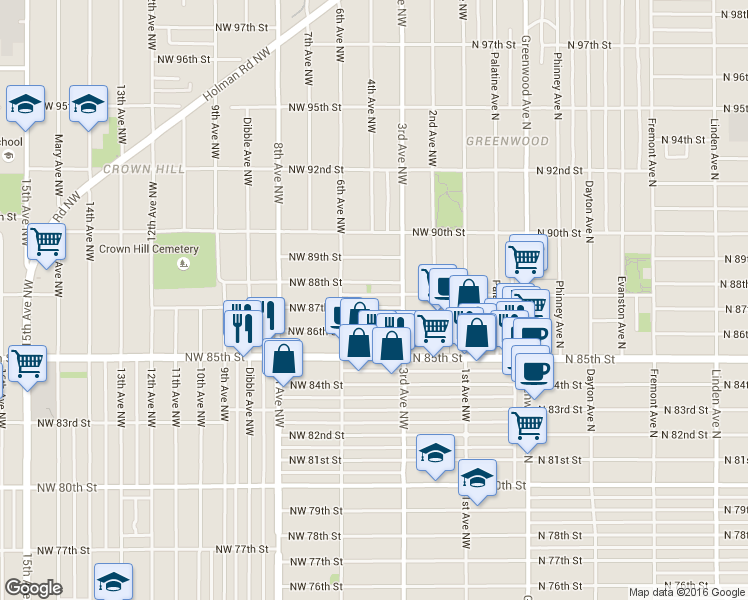 map of restaurants, bars, coffee shops, grocery stores, and more near 347 Northwest 88th Street in Seattle
