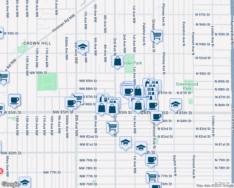 map of restaurants, bars, coffee shops, grocery stores, and more near 303 Northwest 88th Street in Seattle