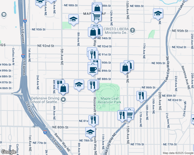 map of restaurants, bars, coffee shops, grocery stores, and more near 8806 Roosevelt Way Northeast in Seattle