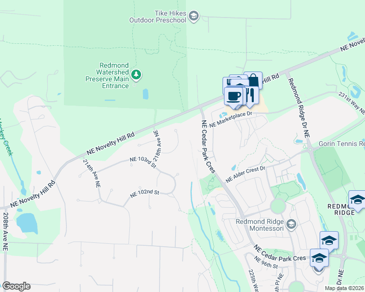 map of restaurants, bars, coffee shops, grocery stores, and more near 21835 Northeast 104th Place in Redmond