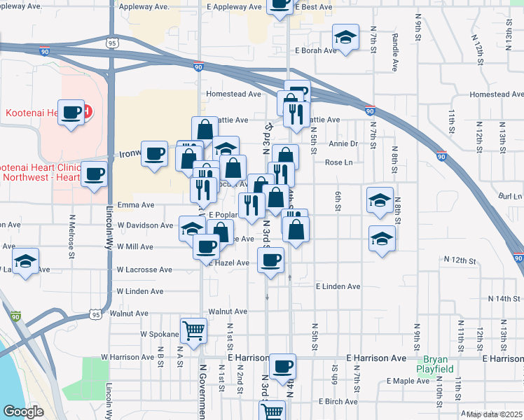 map of restaurants, bars, coffee shops, grocery stores, and more near 1801 North 3rd Street in Coeur d'Alene