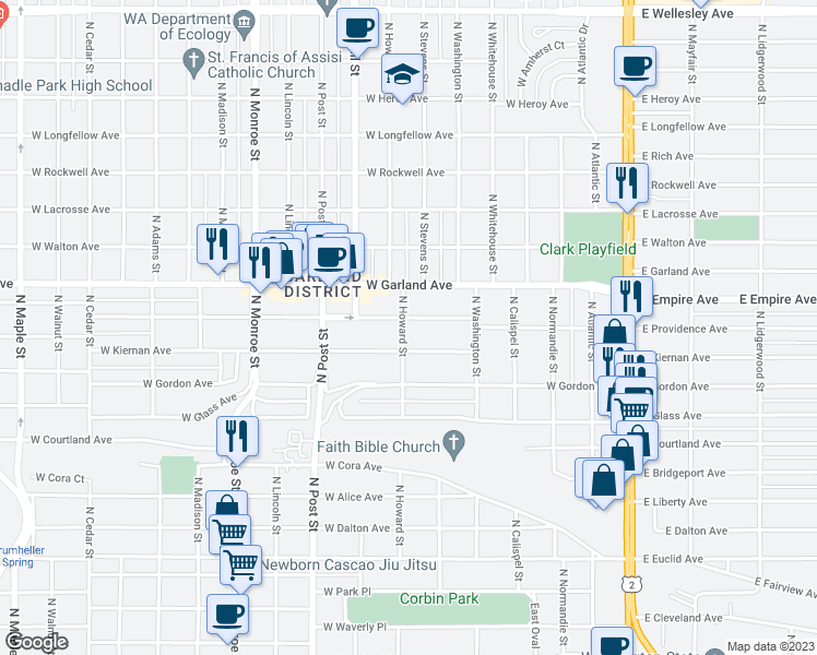map of restaurants, bars, coffee shops, grocery stores, and more near 529 West Providence Avenue in Spokane