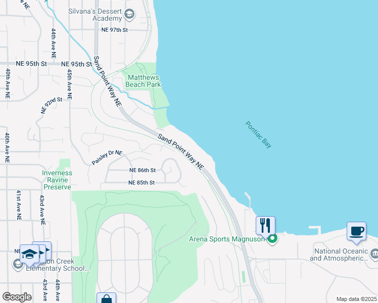 map of restaurants, bars, coffee shops, grocery stores, and more near 8716 Sand Point Way Northeast in Seattle